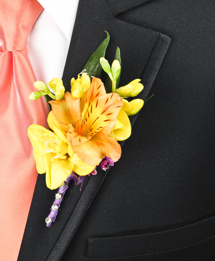 This bright yellow boutonniere is great with the yellow flower and accent of purple ribbon.